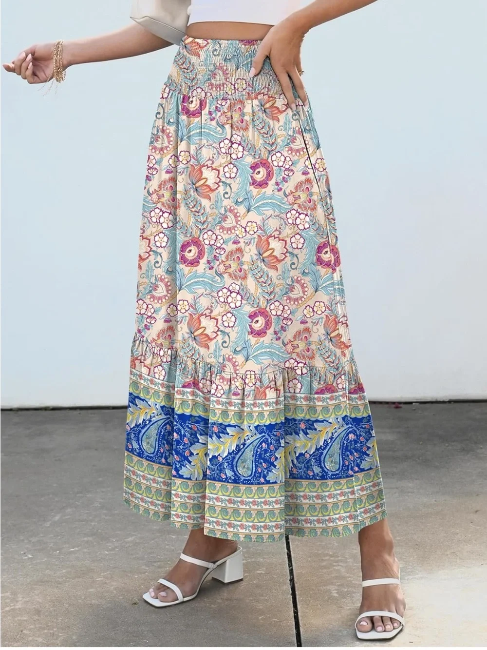 ANRABESS Women's Boho Maxi Skirt in Apricot w/Floral Print, Size L NWT